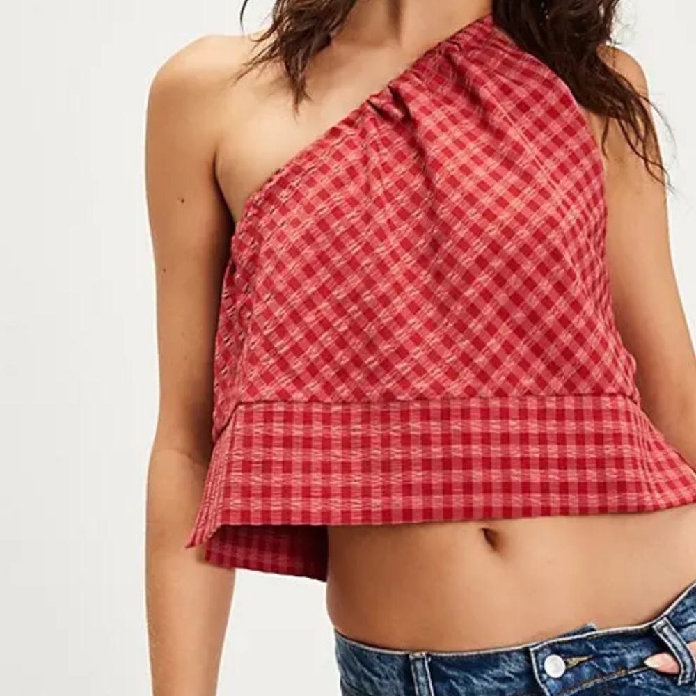 Free People One-Shoulder Plaid/Checked Crop Top